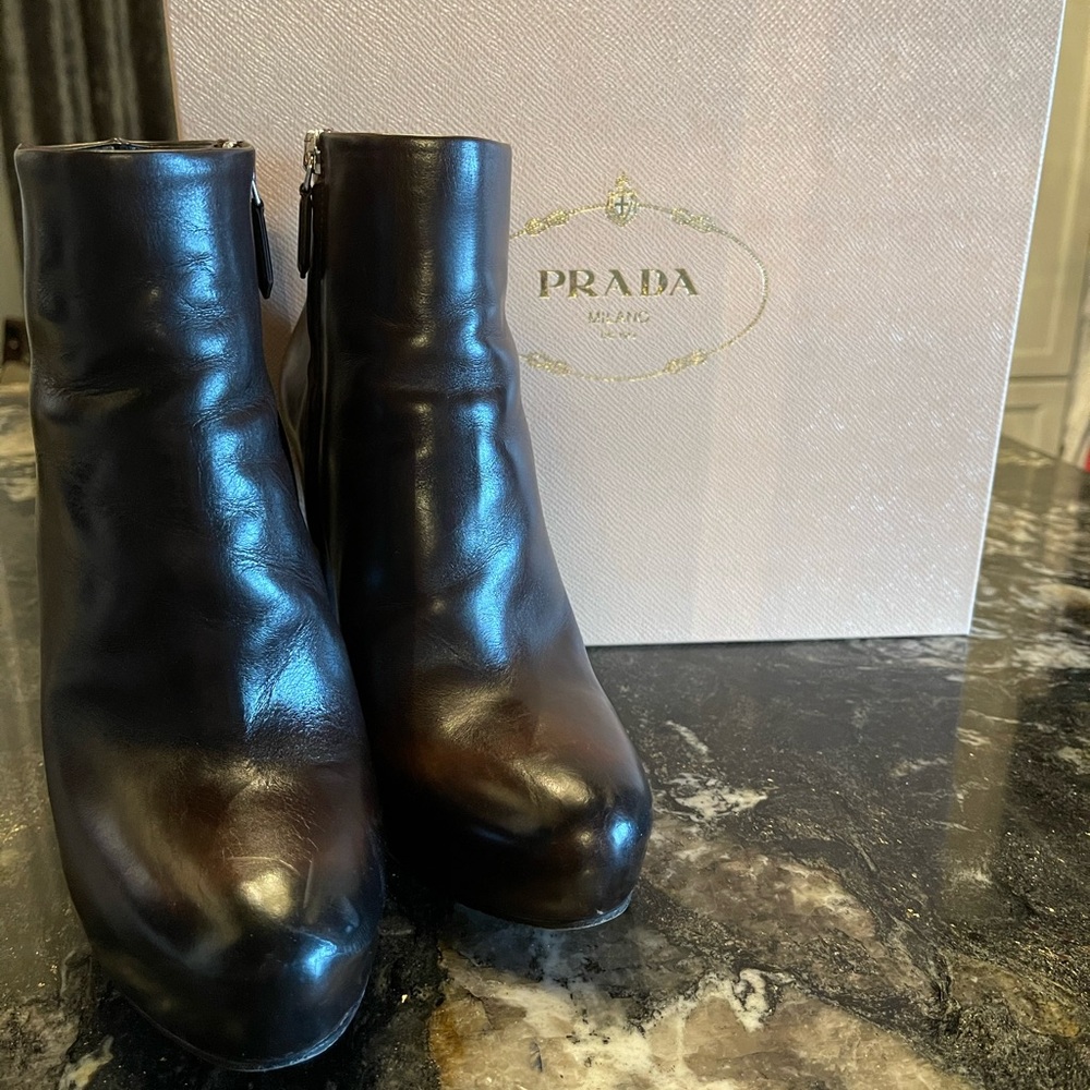 Authentic Prada dark brown Leather Ankle Boots